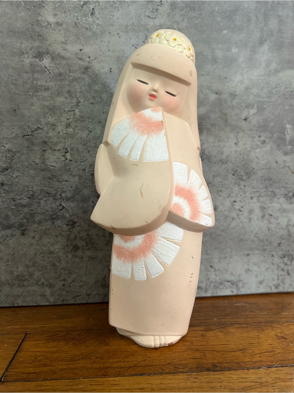 Handcrafted Peach Ceramic Kokeshi Doll Sculpture - Home Art
